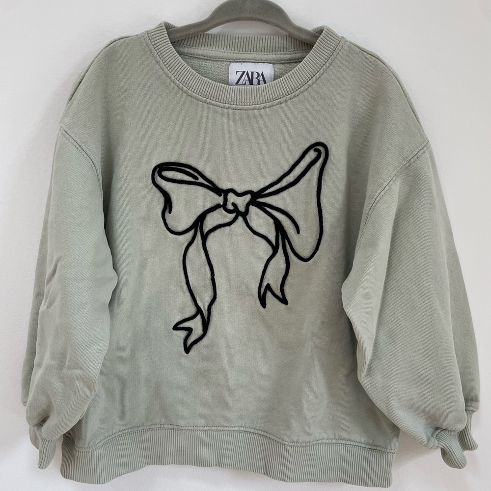 ZARA Sage Green Sweatshirt with Embroidered Black Bow 8-9Y